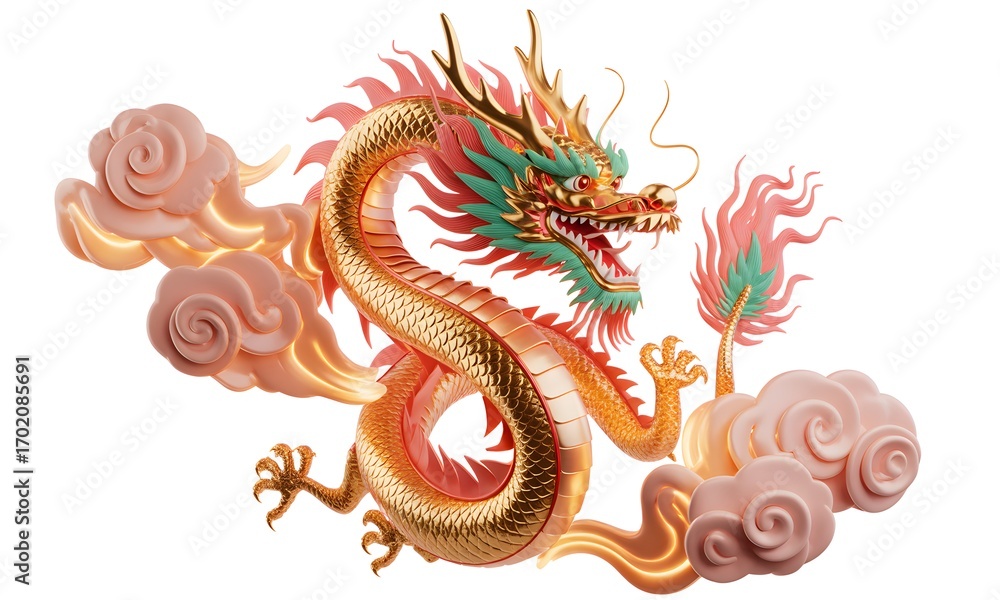 Fototapeta premium Majestic golden dragon soars through ethereal clouds, embodying power and good fortune for festive celebrations