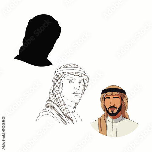 A set of three illustrations of an Arab man in traditional headwear, showing silhouette, line art, and full-color vector styles.