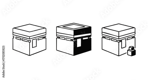 A set of three isometric line art icons depicting the holy Kaaba of Mecca, an Islamic symbol.
