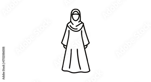 A simple black line art icon of a faceless woman wearing a traditional hijab and abaya.