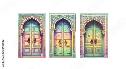 A set of three ornate Moroccan arched doors with intricate carvings and a soft pastel watercolor finish.