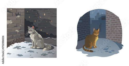 Lone stray cat sitting cautiously in a dimly lit vector art design illustration