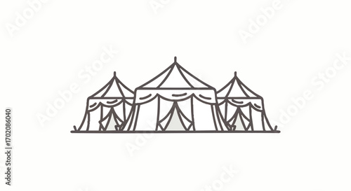 A simple grey line art illustration of three circus or festival tents with draped entrances.
