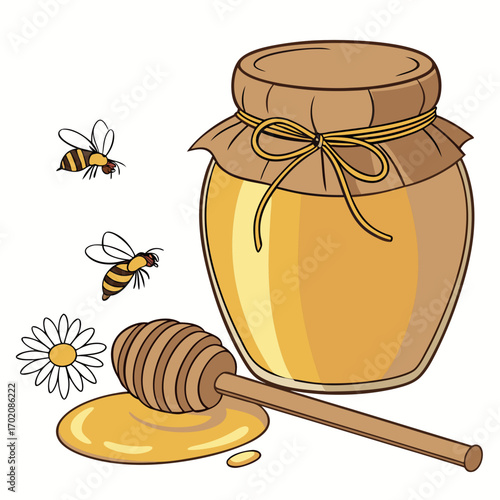 Delicious honey jar illustration with bees and chamomile for natural food products or healthy lifestyle marketing campaigns