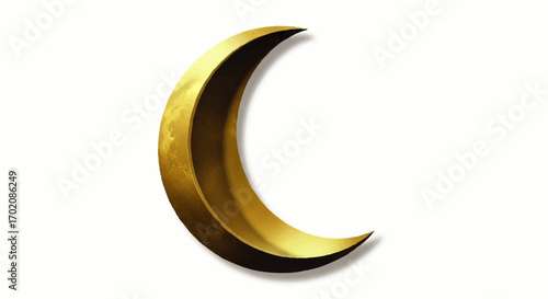 A three-dimensional golden crescent moon with a weathered, metallic texture and sharp points.
