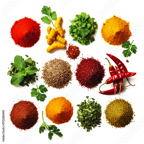A vibrant assortment of colorful ground spices, whole herbs, and fresh leaves.