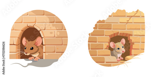 Tiny mouse peeking out from a crack in a weathered wall vector art design illustration
