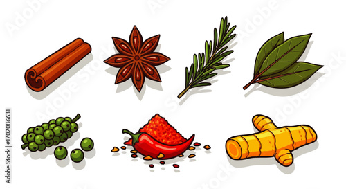 A vibrant cartoon illustration set of various culinary spices including cinnamon, star anise, chili, and ginger.