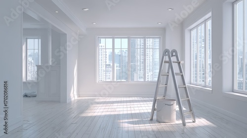Bright Empty Room Ready for Renovation with Ladder and Paint Bucket, Modern Interior Design