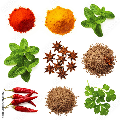A vibrant collection of assorted spices and fresh herbs, including chili, turmeric, mint, cumin, and star anise, arranged in a grid.