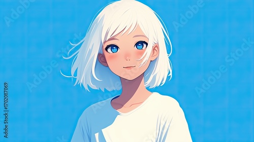 Illustration of a person with white hair and blue eyes against a blue background