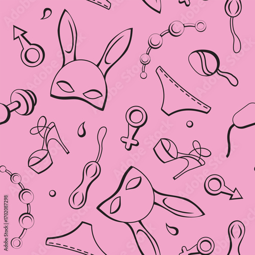 seamless pattern on a pink background featuring black outlines of sex toys, gender symbols, lingerie, high heels, and masks, ideal for adult-themed design. Vector composition for cover, gift paper