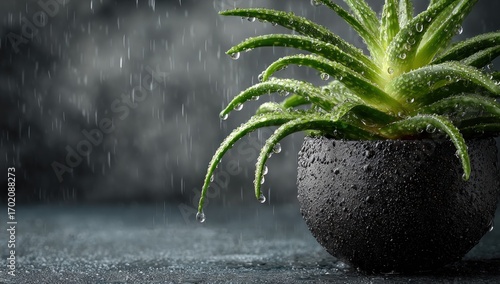 A rain-kissed aloe vera plant in a black pot against a textured, blurred dark background