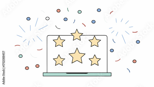 Five golden stars on laptop screen with colorful confetti and fireworks in background