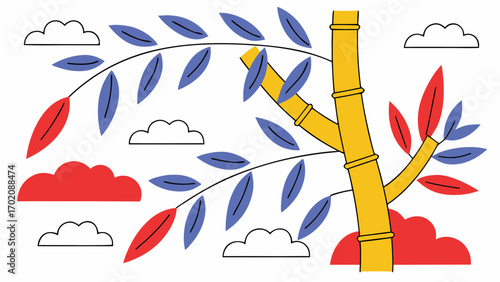 Colorful bamboo tree with red and blue leaves surrounded by stylized clouds on transparency background