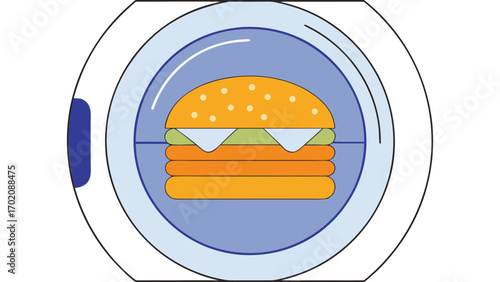 Burger with lettuce, cheese, and patties inside washing machine door, humorous surreal concept