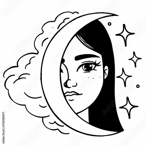 Half face feminine portrait in moon outline with dreamy expression and celestial elements