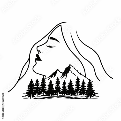 Feminine face merging with mountain silhouette and pine forest evokes serenity and natural harmony