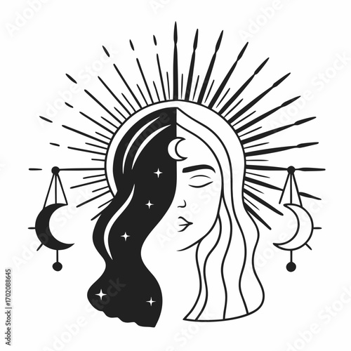 Feminine silhouette with sun and moon halo, cosmic duality, serene expression, celestial balance