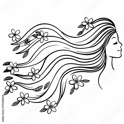 Graceful woman with flowing hair turning into floral vines and blooming flowers in elegant line art style