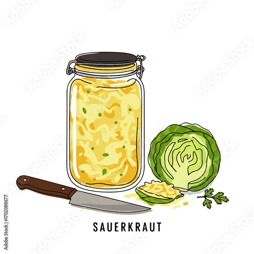 Freshly fermented sauerkraut in jar with cabbage, knife and herbs, ready for healthy eating and culinary use