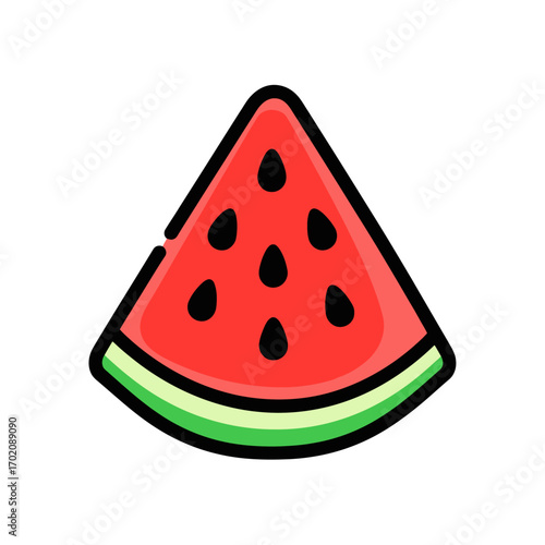 A vibrant, stylized illustration of a juicy slice of watermelon, showcasing its red flesh dotted with black seeds and a green rind.