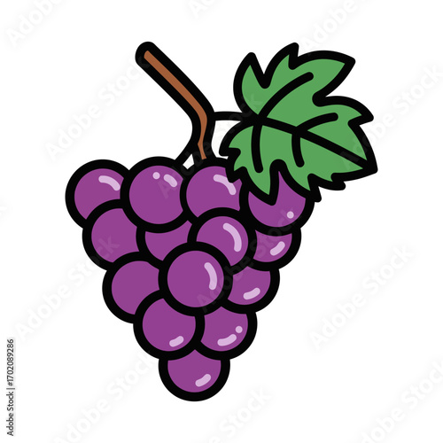 Illustration of a bunch of purple grapes with a green leaf and brown stem.