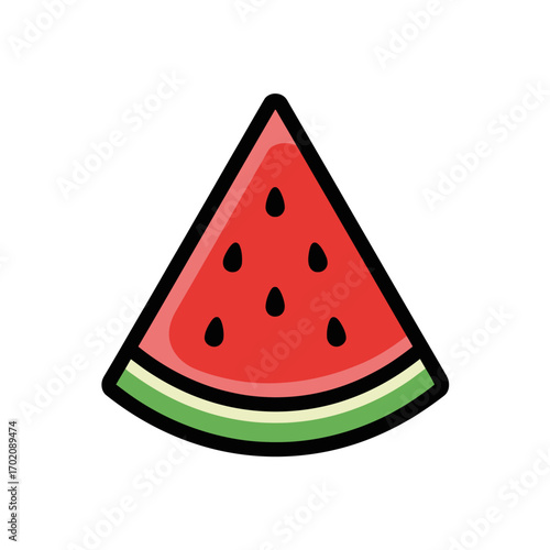 A vibrant cartoon illustration of a triangular watermelon slice with red flesh, black seeds, and a green rind, isolated on a white background.