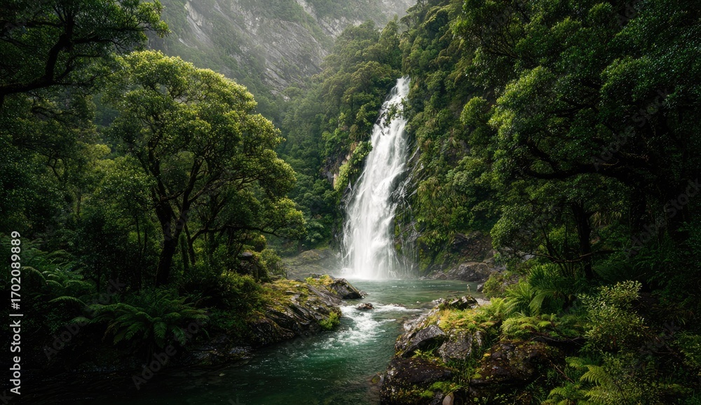 Fototapeta premium Lush waterfall cascading into a tranquil stream nestled within a dense, verdant forest