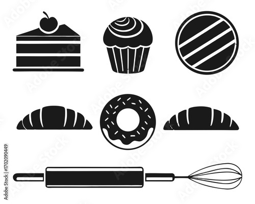 Bakery and dessert vector icons set with cake, cupcake, donut, croissant, and candy