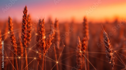 Golden wheat stalks glisten under a sunset sky, connected by a web of digital lines, symbolizing the fusion of agriculture and technology.