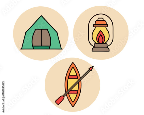 Outdoor travel equipment vector icons set with tent, lantern, and kayak
