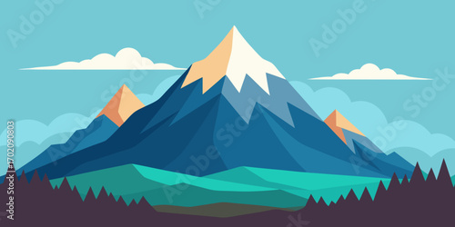 Serene Mountain Landscape Flat Design Illustration