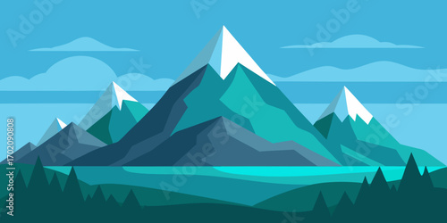 Serene Teal Mountain Landscape Flat Design Illustration