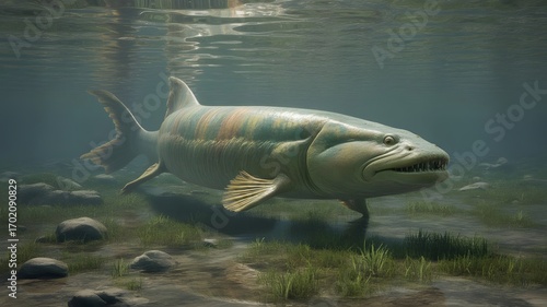 Tiktaalik fish swimming underwater in a prehistoric environment with plants