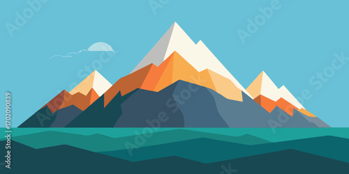 Geometric Mountain Landscape Serene Teal Waters, Warm Hues