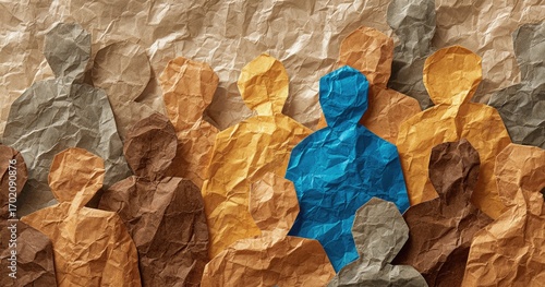 Crinkled paper figures, various colors, one stands out