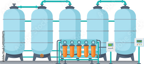 Industrial water filtration system, pressure tank setup, automated water treatment unit, clean water process, filtration tanks, engineering control panel