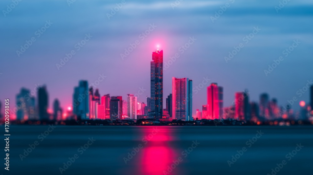 Obraz premium A vibrant city skyline at dusk, illuminated by colorful lights reflecting on the water, creating a captivating urban atmosphere.