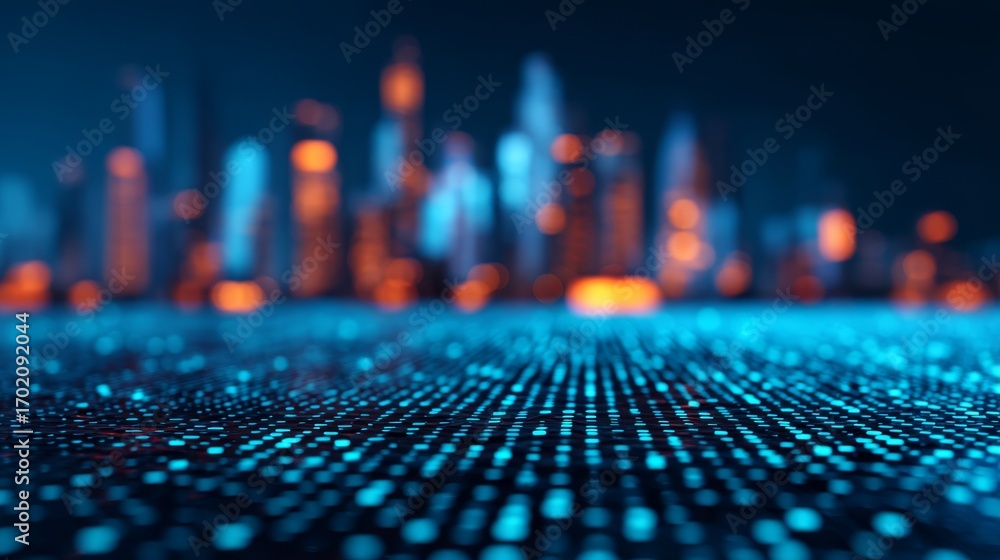Fototapeta premium A futuristic cityscape with glowing blue dots creating a digital surface, set against a blurred urban skyline illuminated in warm colors.