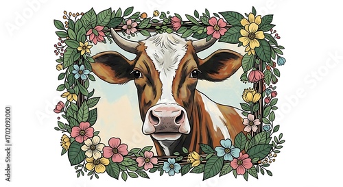 Beautiful Cow Portrait Surrounded by a Floral Wreath.
