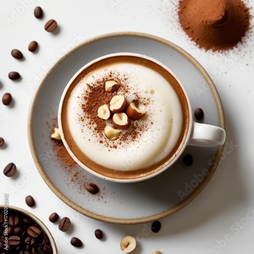 Cappuccino with thick creamy foam, cocoa powder, and hazelnut pieces, coffee seeds scattered on the saucer, set against a clean background emphasizing the decadent coffee experience