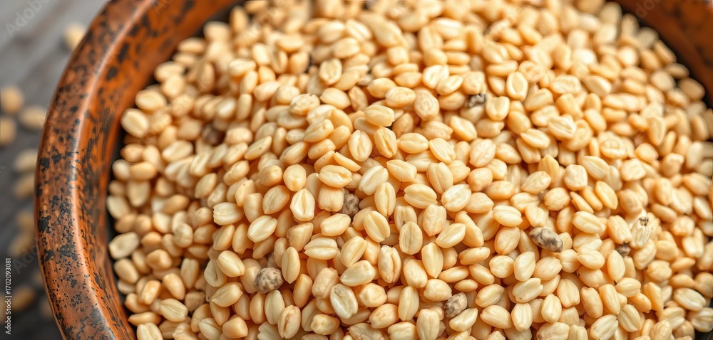 Obraz premium Close-up of raw buckwheat groats in a rustic bowl, ingredient, healthy