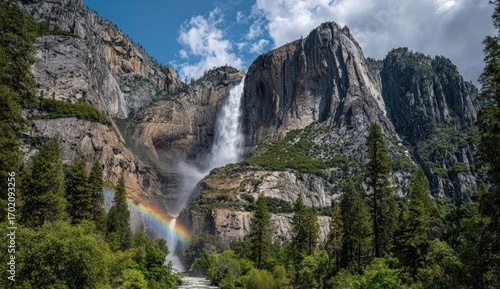 Majestic Yosemite waterfall with rainbow (1)