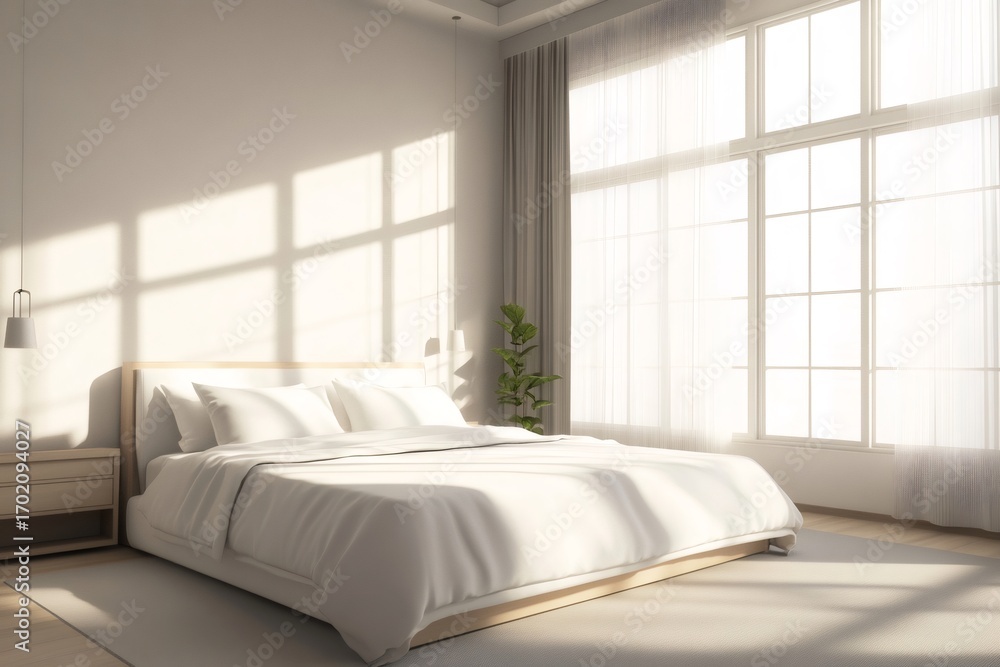 Fototapeta premium Modern and minimalist bedroom with a large window letting in abundant natural light, creating a peaceful and relaxing atmosphere