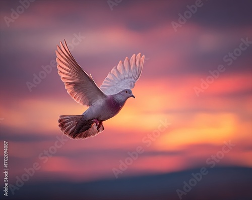 A dove in flight, vibrant sunset hues