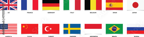 flag  set. National flags icons vector, main flag languages set. UK, Germany, USA, Russia, China, France, japan, italy, turkey, brazil, sweden, indonesia... Isolated rectangle transparent background.