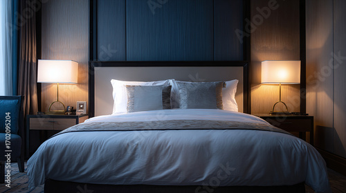 Wallpaper Mural Large comfortable bed with two bedside lamps in a luxurious hotel room featuring a dark blue wall and soft lighting Torontodigital.ca