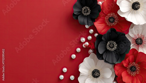 Red background with layered flowers and pearls (1)