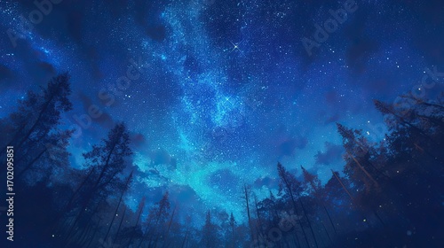 Starry Night Sky Over a Forest Silhouette